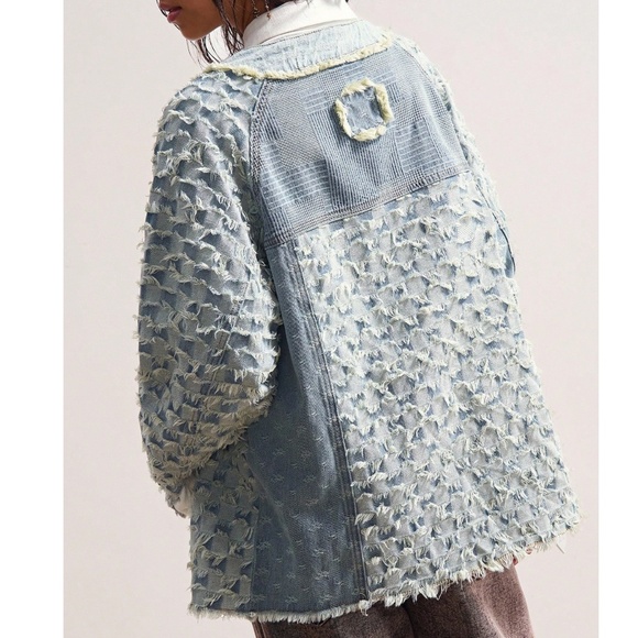 Light Wash Button Down Oversized Frayed Denim Jean Jacket Shacket
- Picture 5 of 6